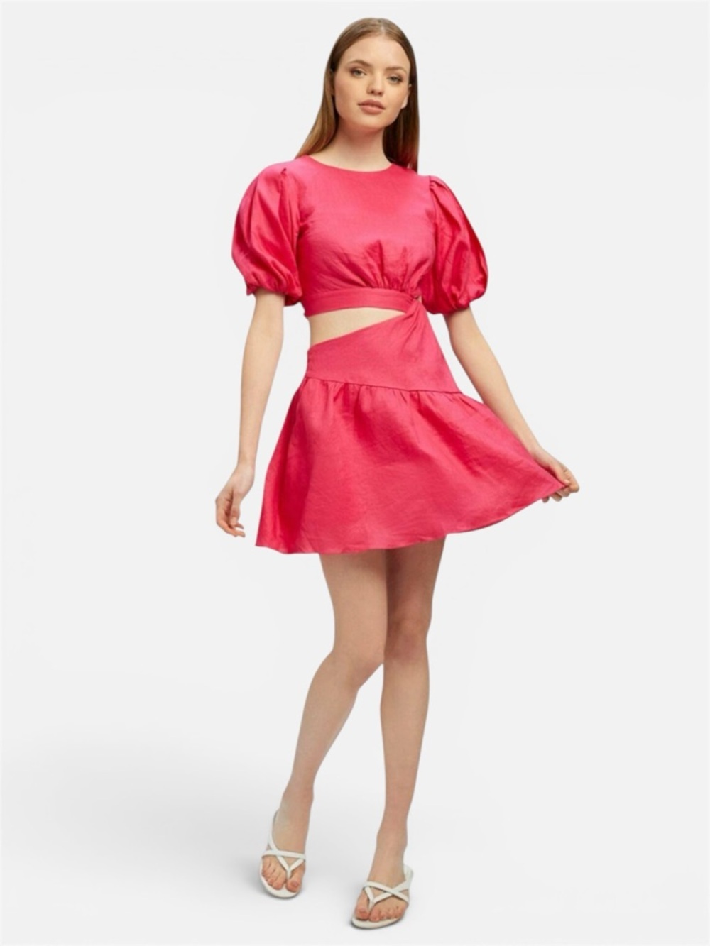 Bardot Puff Sleeve Cut Out Linen Mini Dress Women 8 Medium Barbie Party Cocktail